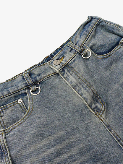 Washed Distressed Deconstructed Split Barrel Jeans - 2359