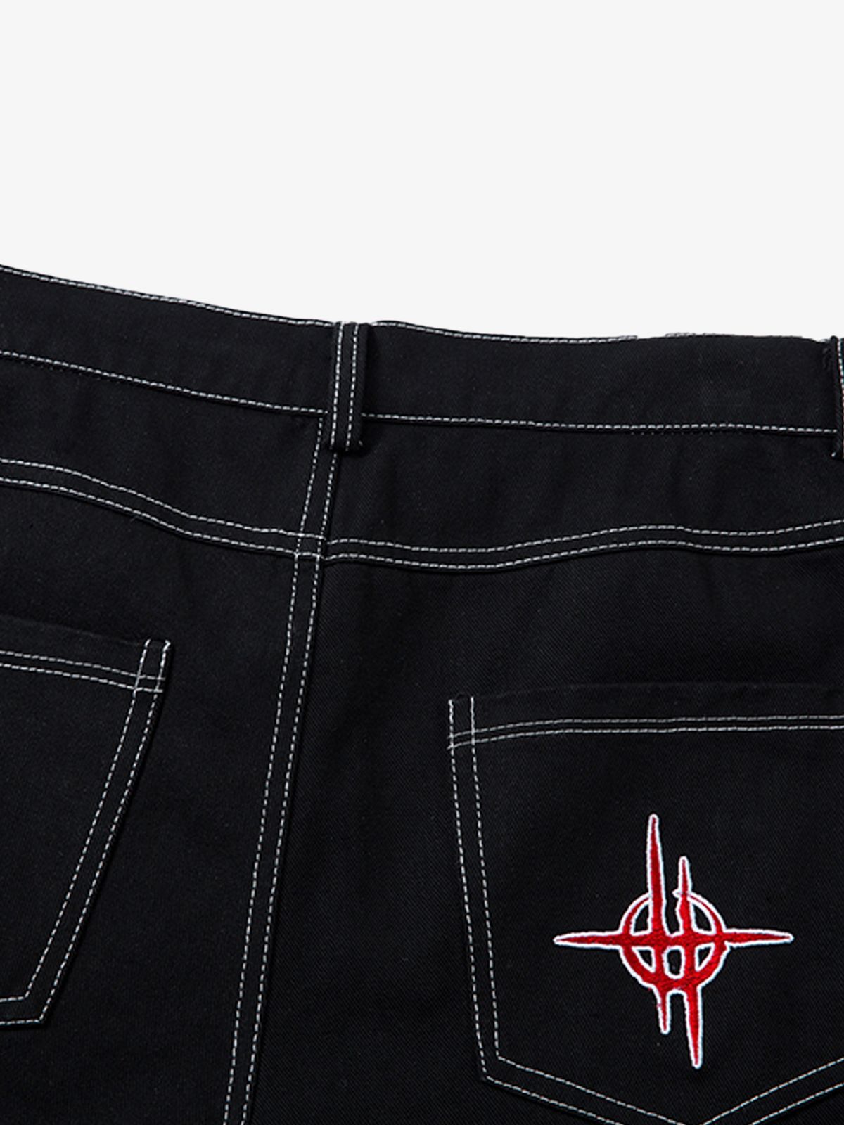 Contrast Flame Embroidered Baggy Jeans - 2364