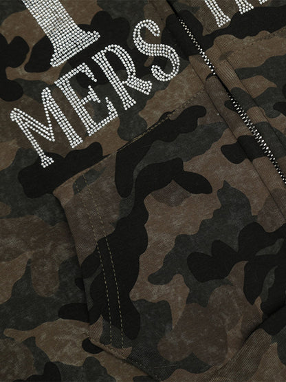 Hotfix Rhinestones Camouflage Fur Hooded Fleece Jacket - 2357