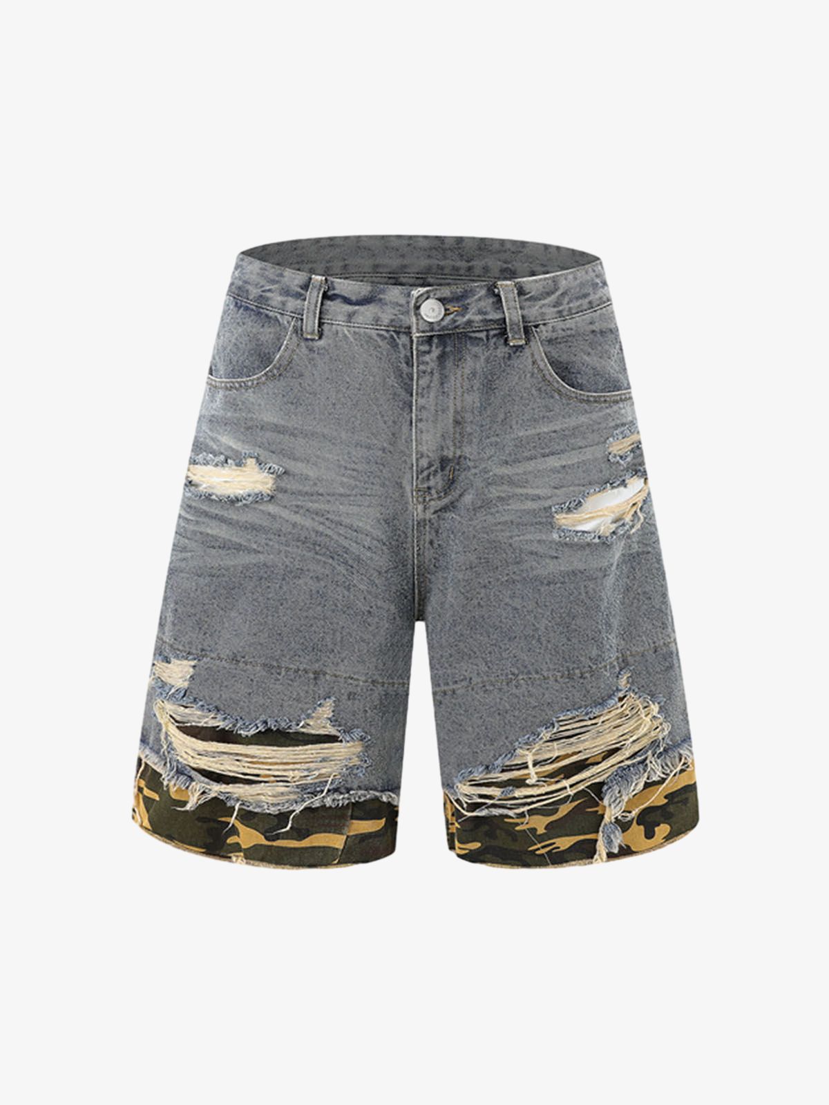 Thesupermade Patchwork Camouflage Ripped Shirt Jorts Denim Suit