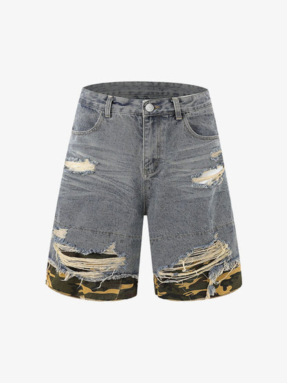 Thesupermade Patchwork Camouflage Ripped Shirt Jorts Denim Suit