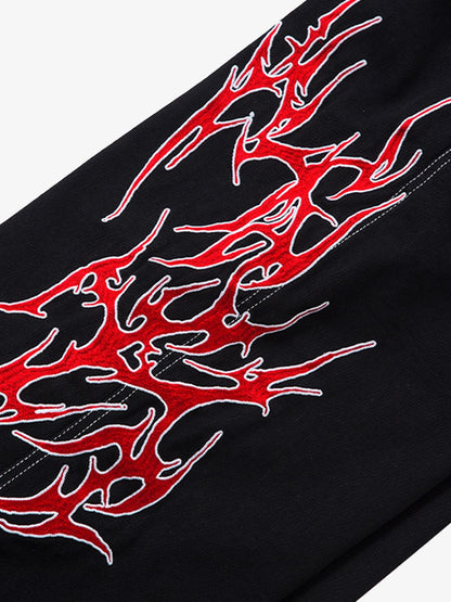 Contrast Flame Embroidered Baggy Jeans - 2364