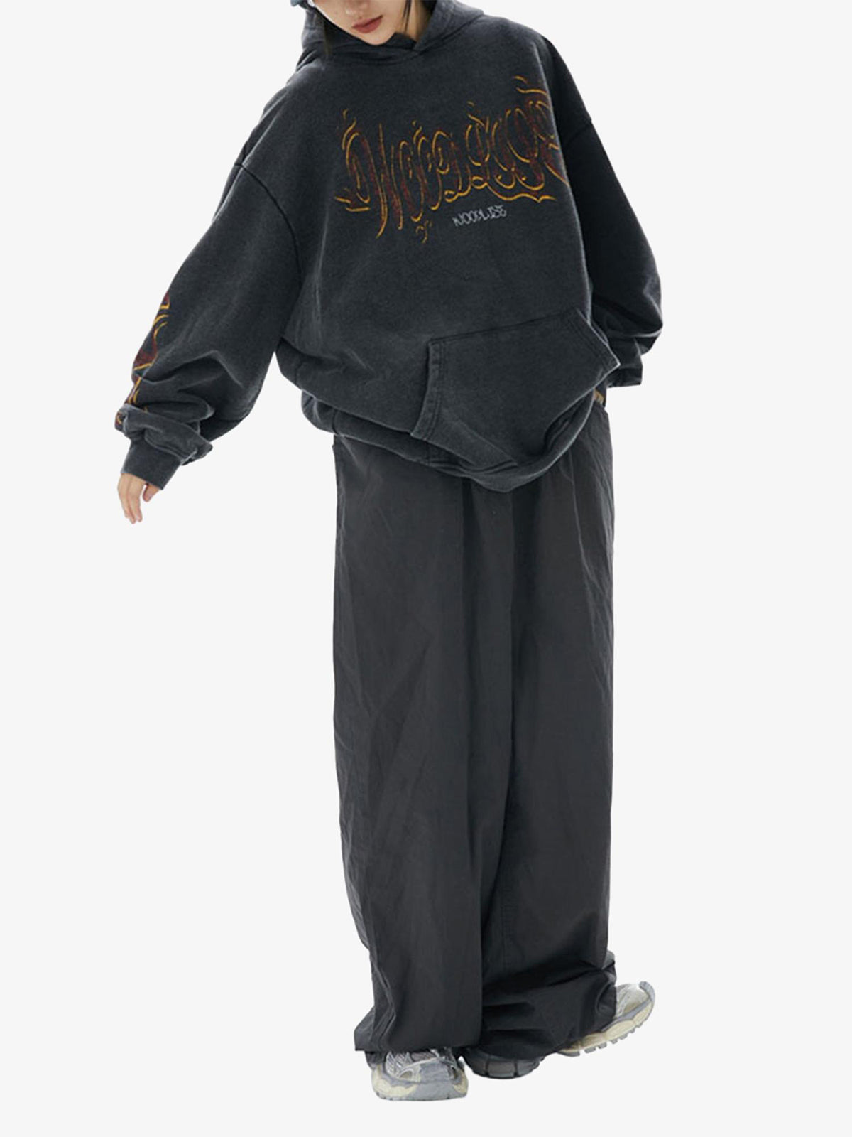 Thesupermade Flame Letter Washed Hooded Sweatshirt - 2216