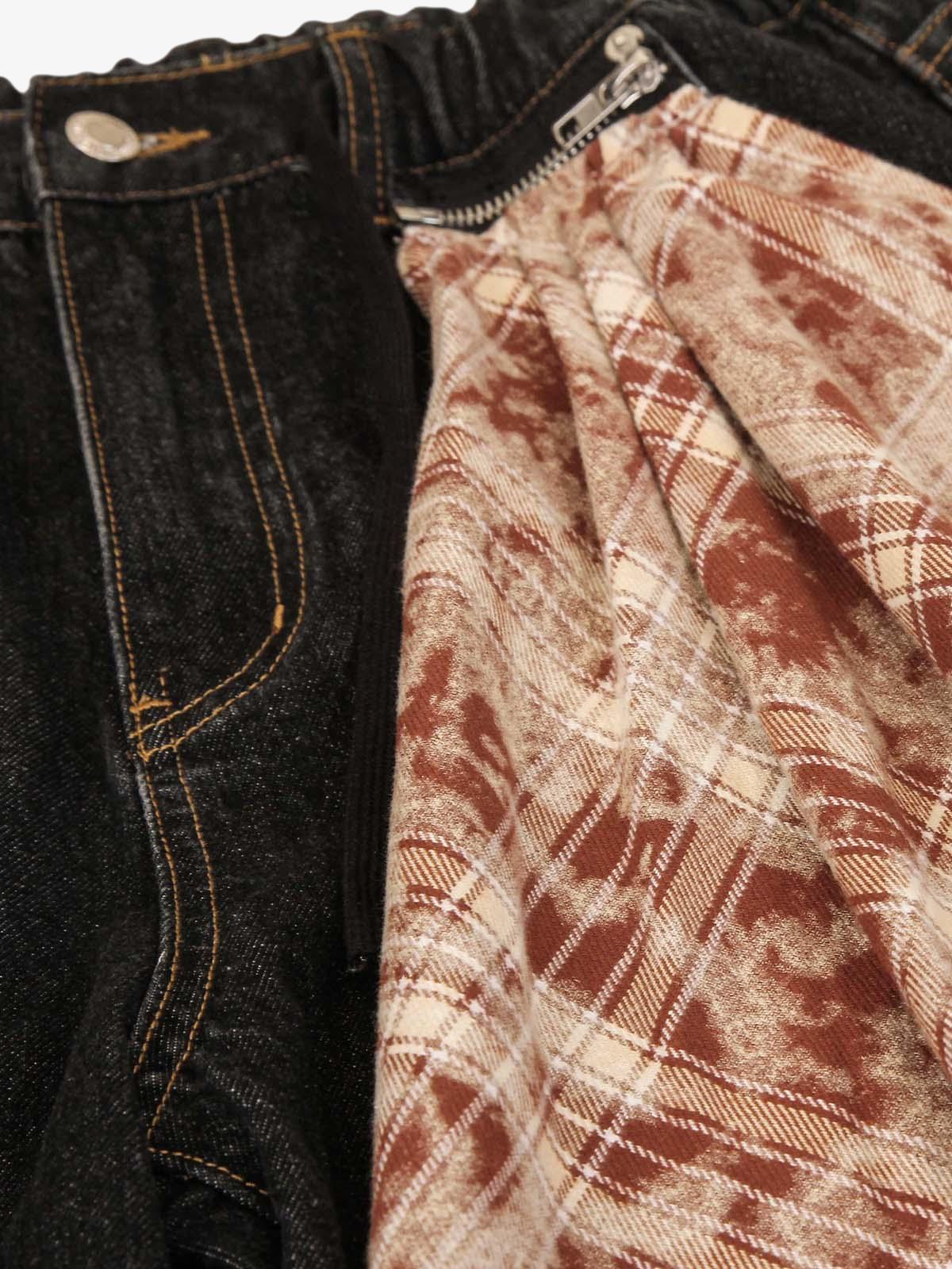 Patchwork Plaid Pleated Baggy Barrel Jeans - 2334