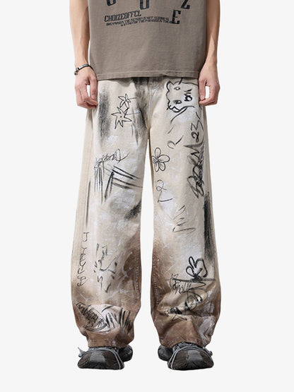 Distressed Washed Graffiti Baggy Jeans