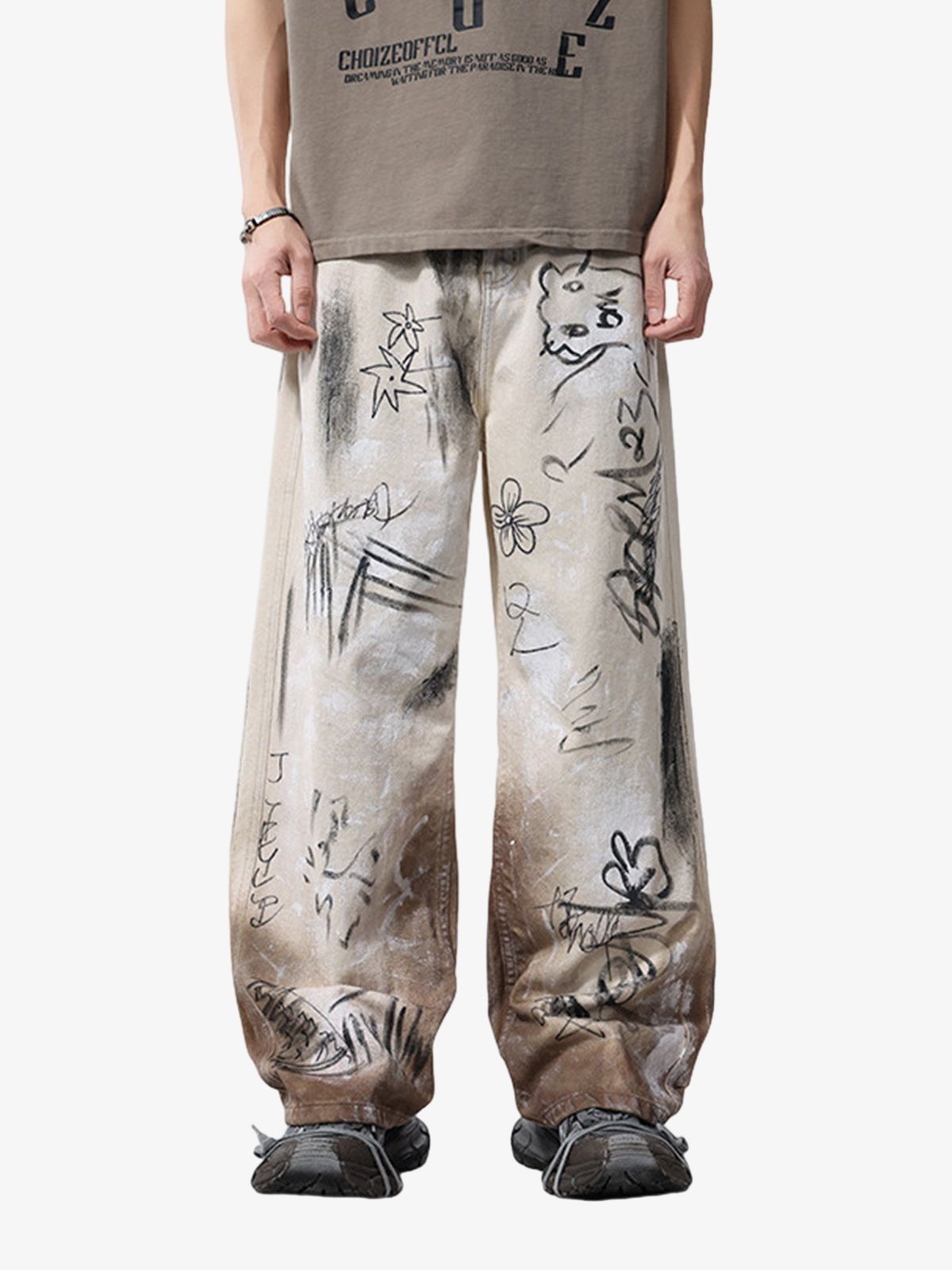 Distressed Washed Graffiti Baggy Jeans