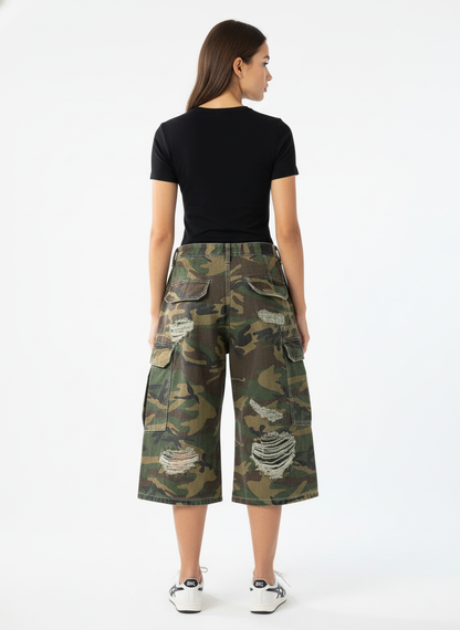 Retro Ripped Camouflage Cropped Jorts - 2387