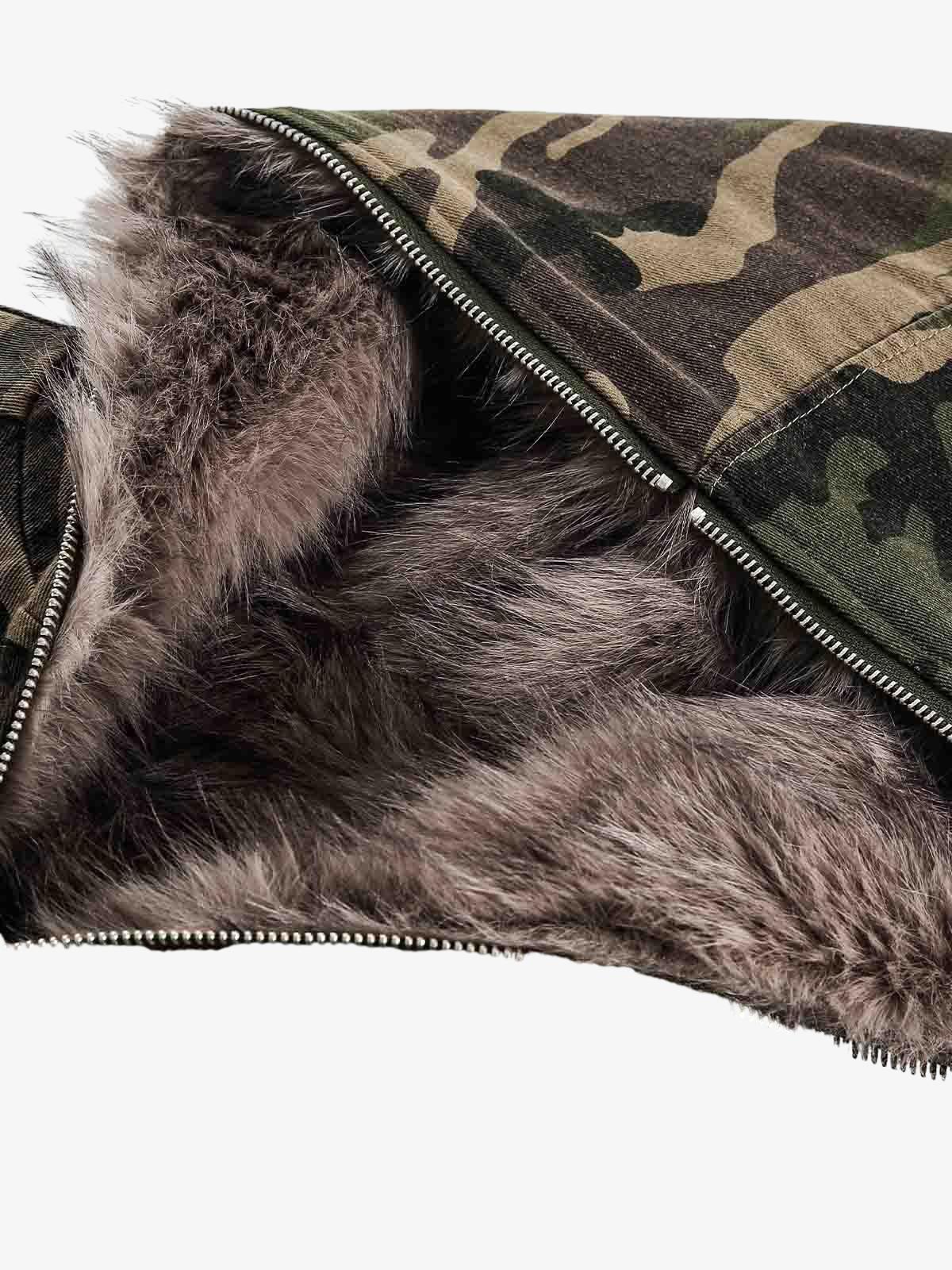 Thesupermade Camouflage Fur Collar Hooded Quilted Jacket