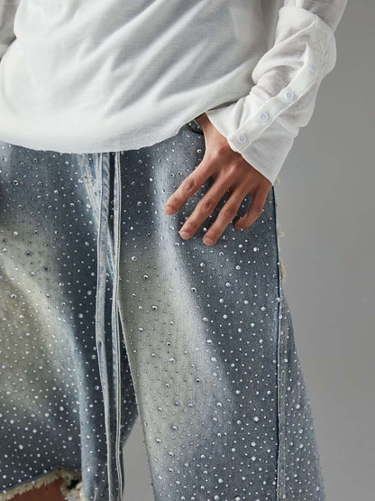 Distressed Rhinestone Denim Jorts - 2454