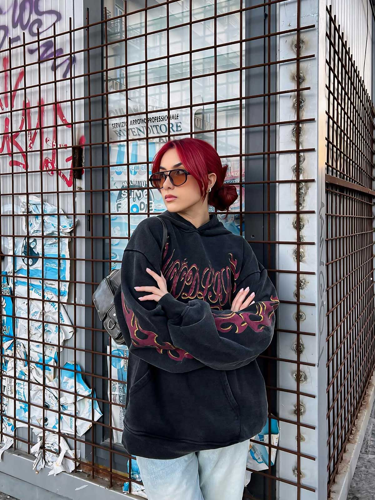 Thesupermade Flame Letter Washed Hooded Sweatshirt - 2216