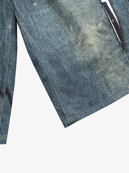 Retro Scissors Print Cropped Denim Shorts