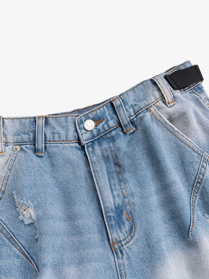 Ripped Washed Tassel Cargo Denim Shorts