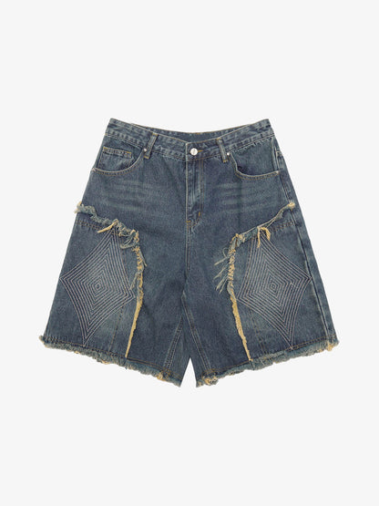 Thesupermade Retro Stitching Diamonds Embroidery Shorts