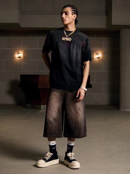 Distressed Washed Denim Cropped Jorts - 2399