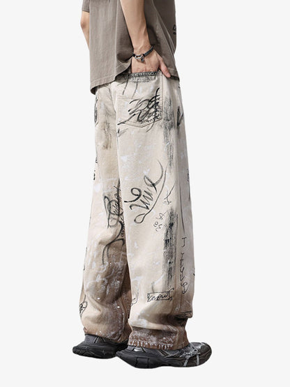 Distressed Washed Graffiti Baggy Jeans