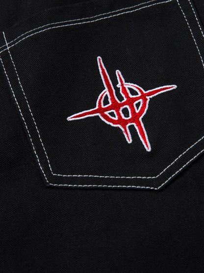 Contrast Flame Embroidered Baggy Jeans - 2364