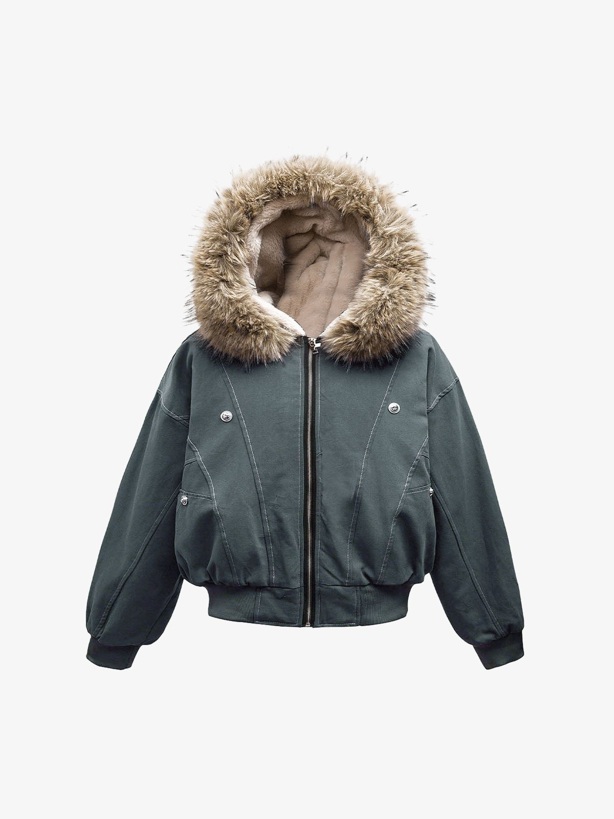 Fur Lined Zip Up Hooded Bomber Jacket