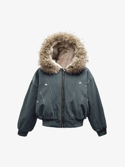 Fur Lined Zip Up Hooded Bomber Jacket