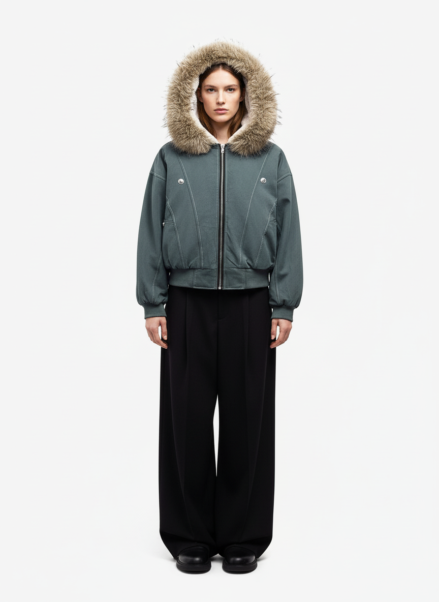 Faux Fur Lined Zip Up Hooded Bomber Jacket