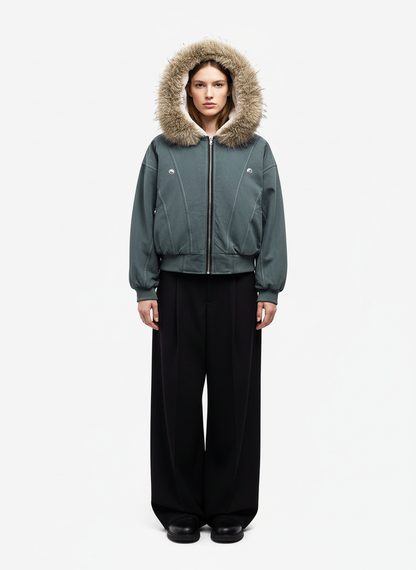 Faux Fur Lined Zip Up Hooded Bomber Jacket