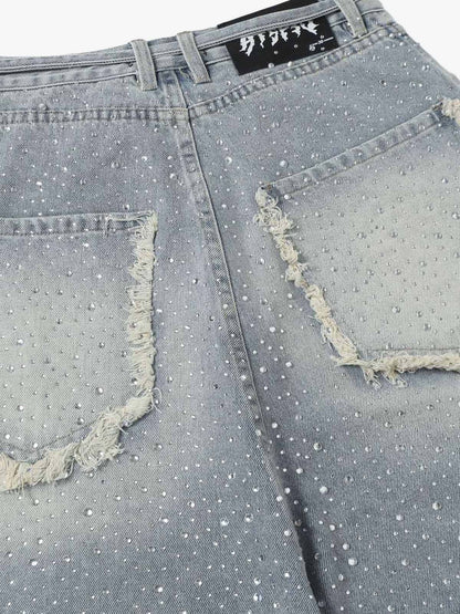 Distressed Rhinestone Denim Jorts - 2454