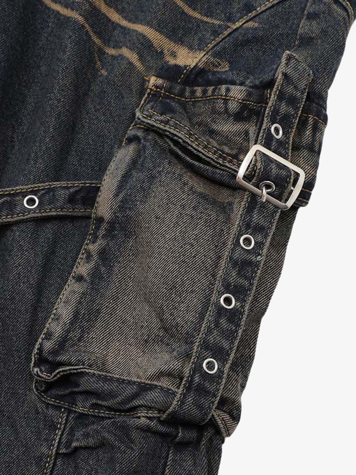 Vintage Washed Distressed Multi Pocket Cargo Jeans
