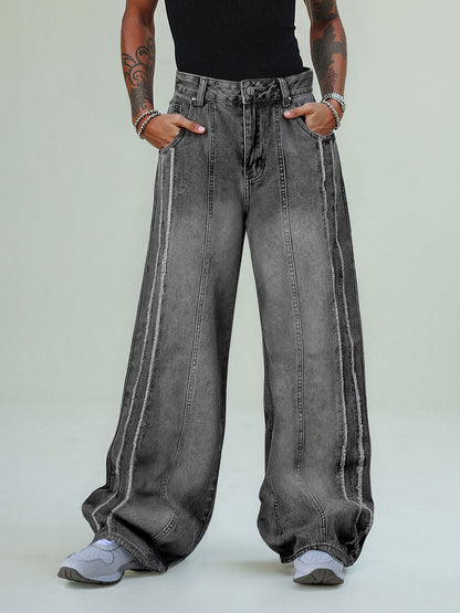 Thesupermade Washed Distressed Raw Edge Baggy Jeans - 2271