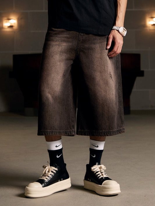 Distressed Washed Denim Cropped Jorts - 2399