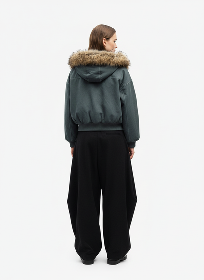 Faux Fur Lined Zip Up Hooded Bomber Jacket