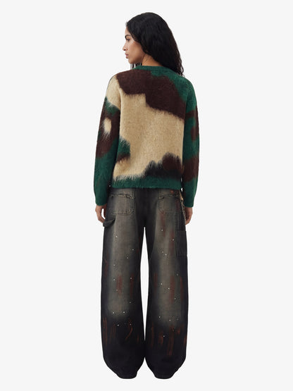 Embroidered Camouflage Shaggy Knitted Sweater