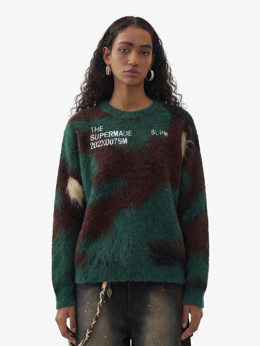 Embroidered Camouflage Shaggy Knitted Sweater