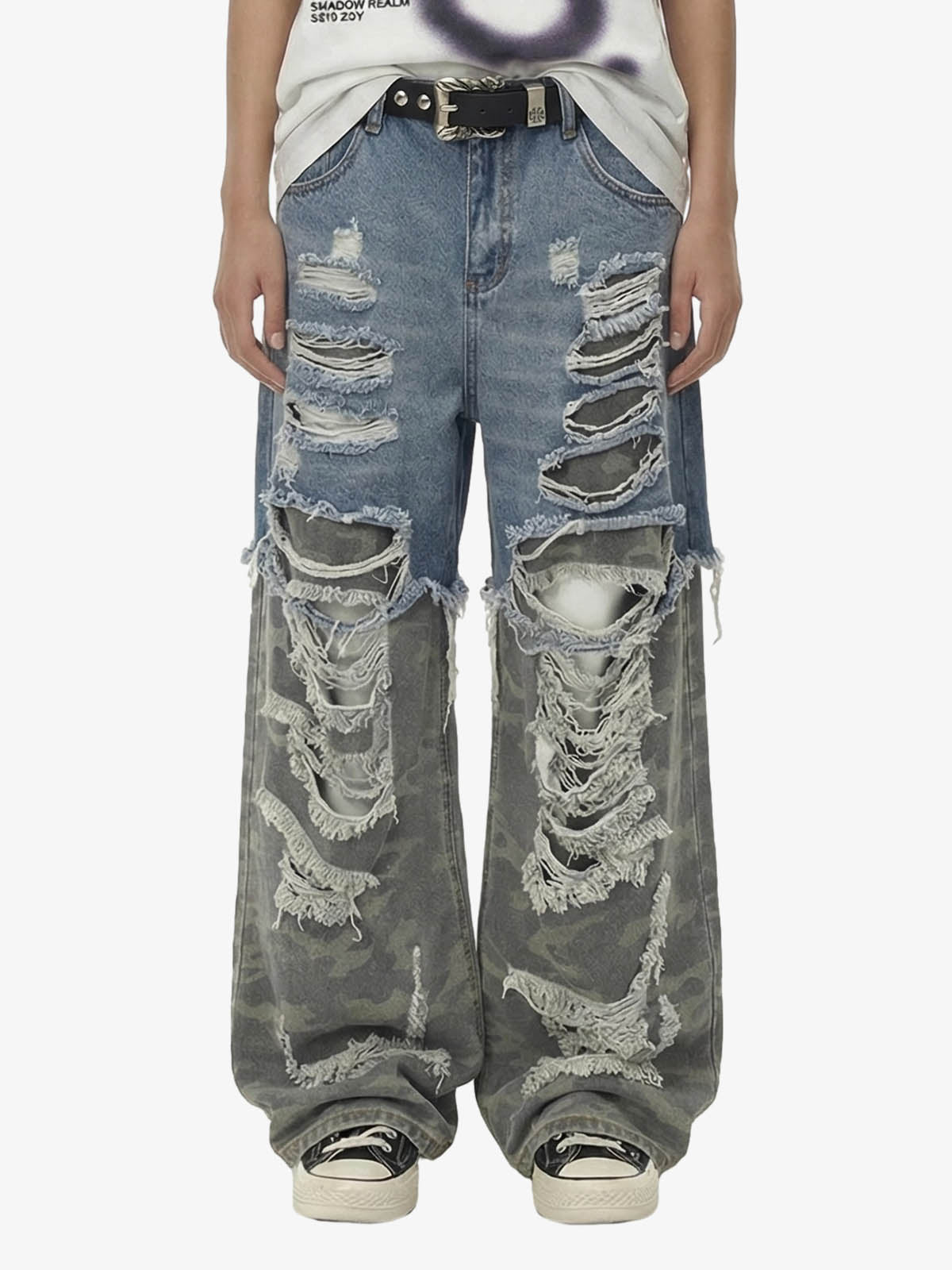 Camouflage Patchwork Ripped Cargo Jeans - 2452