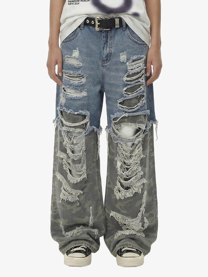 Camouflage Patchwork Ripped Cargo Jeans - 2452