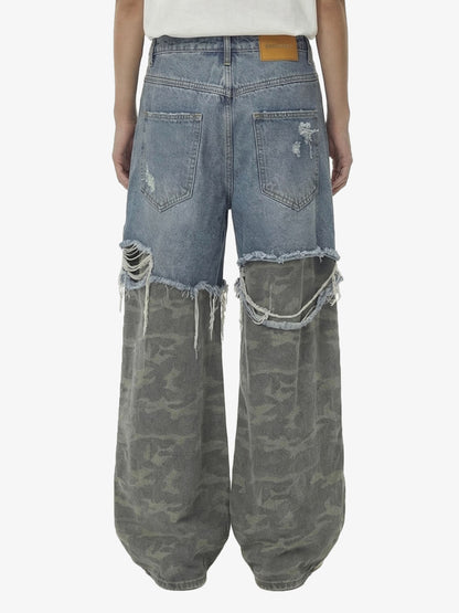 Camouflage Patchwork Ripped Cargo Jeans - 2452