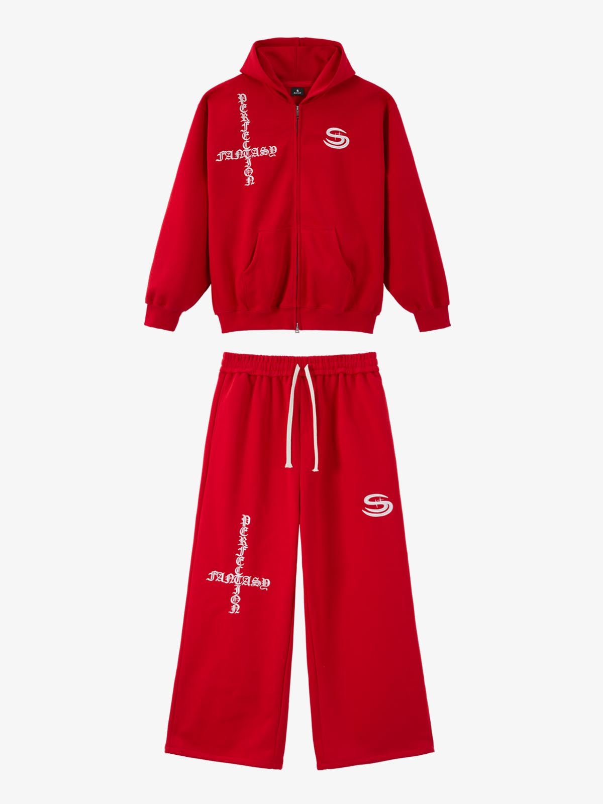 Gothic Letter Cross Embroidery Zip Up Hoodie and Sweatpants Set