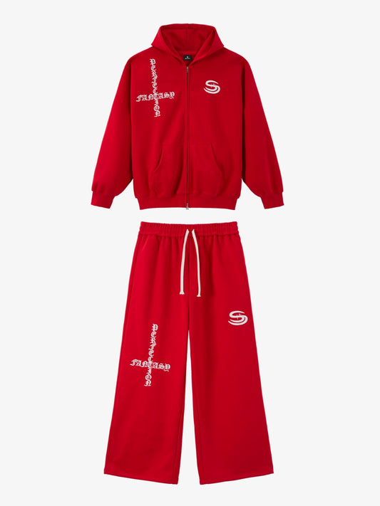 Gothic Letter Cross Embroidery Zip Up Hoodie and Sweatpants Set