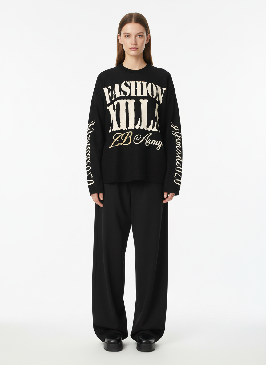 Retro Letter Print Waffle Simplicity Long-Sleeved T-Shirt