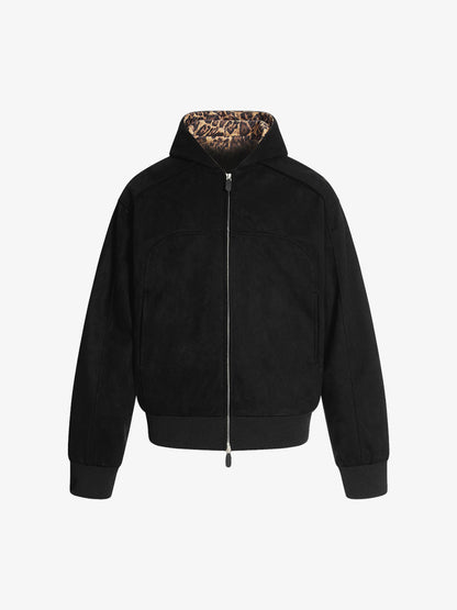 Suede Leopard-Trimmed Paneled Bomber Jacket 
