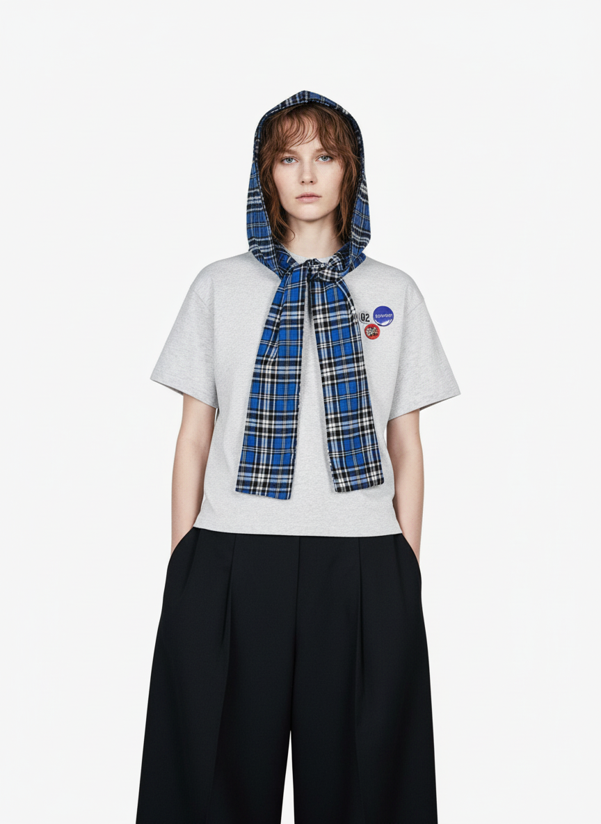 Jersey Knit Detachable Badge Hooded Plaid Cape T-Shirt