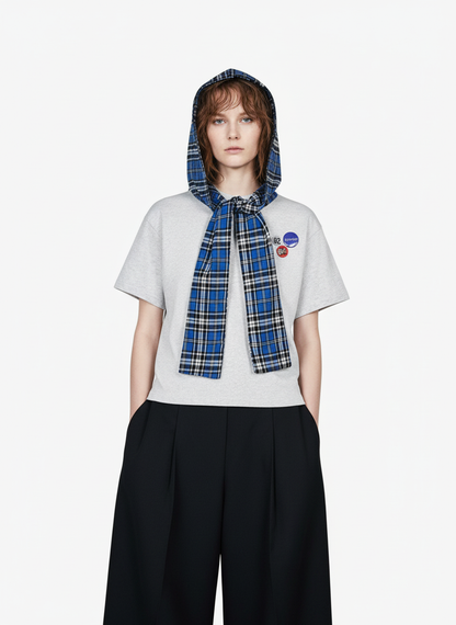 Jersey Knit Detachable Badge Hooded Plaid Cape T-Shirt