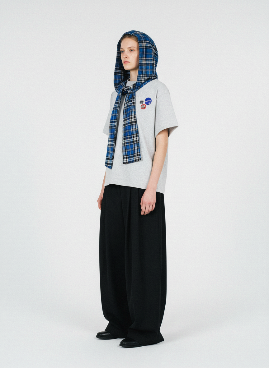 Jersey Knit Detachable Badge Hooded Plaid Cape T-Shirt