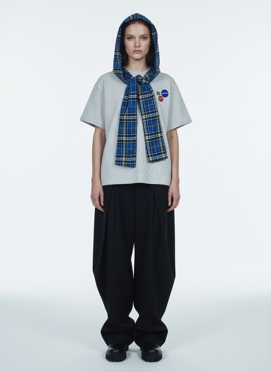 Jersey Knit Detachable Badge Hooded Plaid Cape T-Shirt