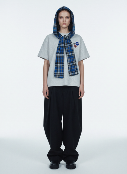 Jersey Knit Detachable Badge Hooded Plaid Cape T-Shirt