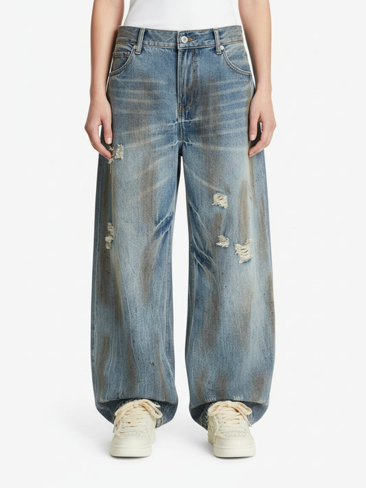 Washed Distressed Ripped Barrel Jeans - 2445