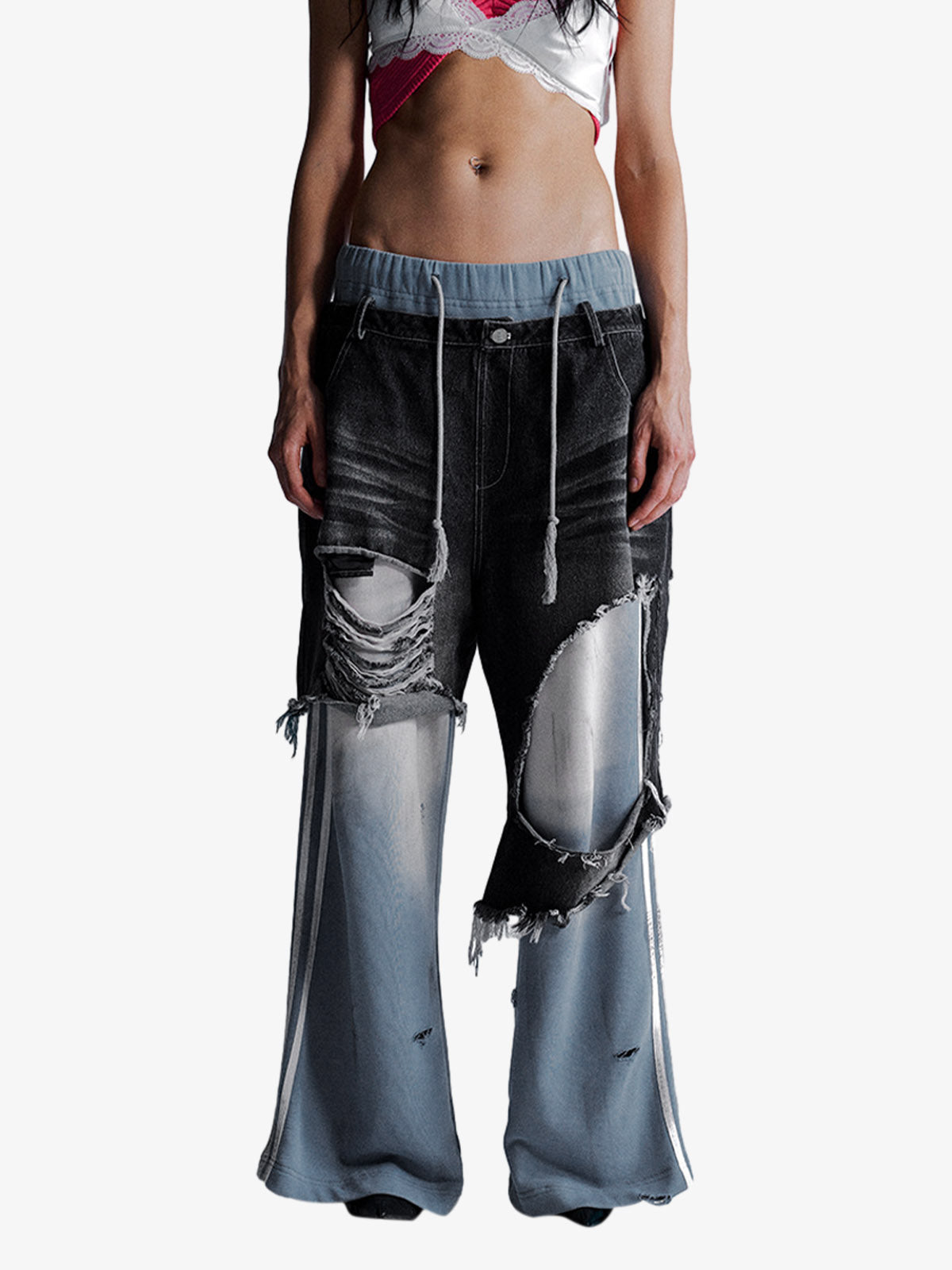 Double-waistband Denim Patchwork Ripped Casual Pants 