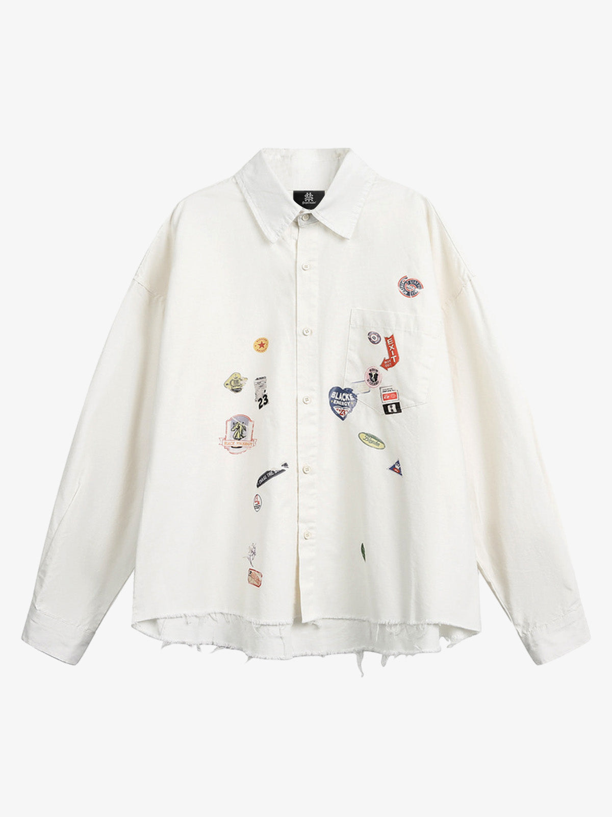 Fun Distressed Raw-edge Printed Long-sleeved Shirt?