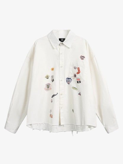 Fun Distressed Raw-edge Printed Long-sleeved Shirt?