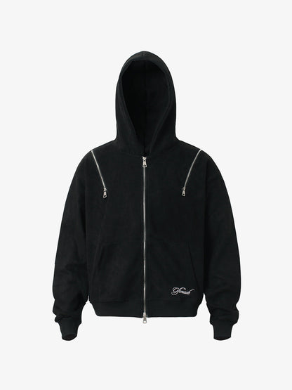 Suede Double-Ended Zippered Cropped Hooded Jacket 