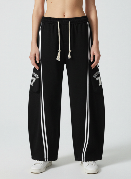 Cotton Web Stitching Letter Print Drawstring Barrel Pants