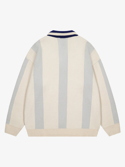 Vertical Striped Colorblock Lapel Sweater
